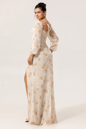Ivory Peach Floral Sheath Square Neck Chiffon Long Sleeves Maxi Dress with High Slit